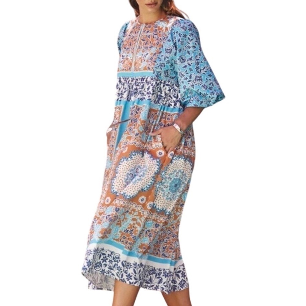 Current Air Patchwork Midi Dress NWT Women M Brown Blue Multi Boho Anthropologie